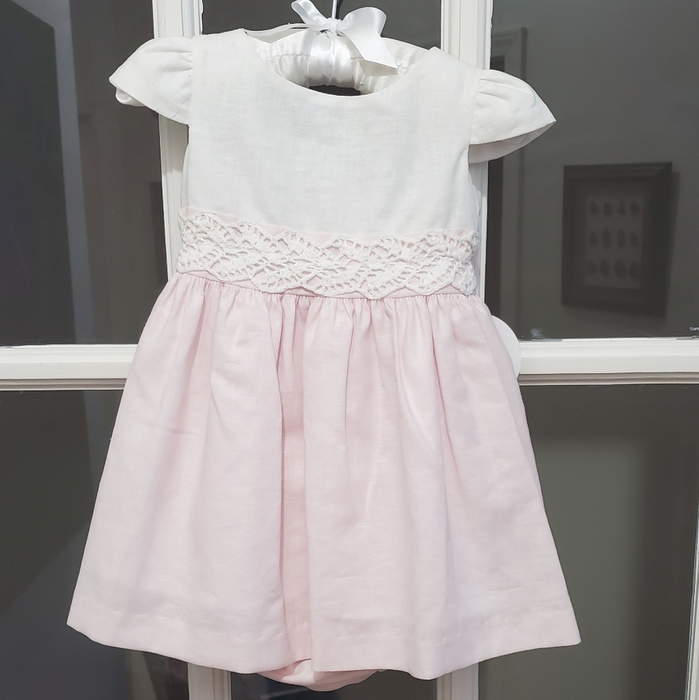 Edgehill Collection Pink and White Baby Dress With Lace Trim